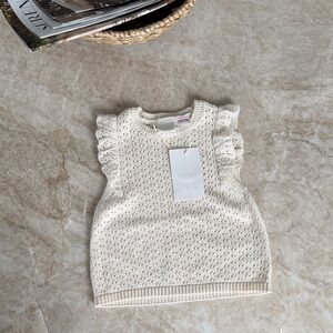 Zara Cream Knit Eyelet Ruffle Shoulder Top